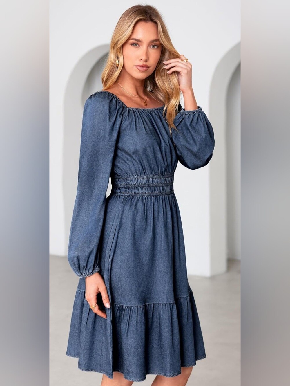 NWT Denim Blue Lyocell Smocked Waist A-Line Dress Size Large - Picture 4 of 6